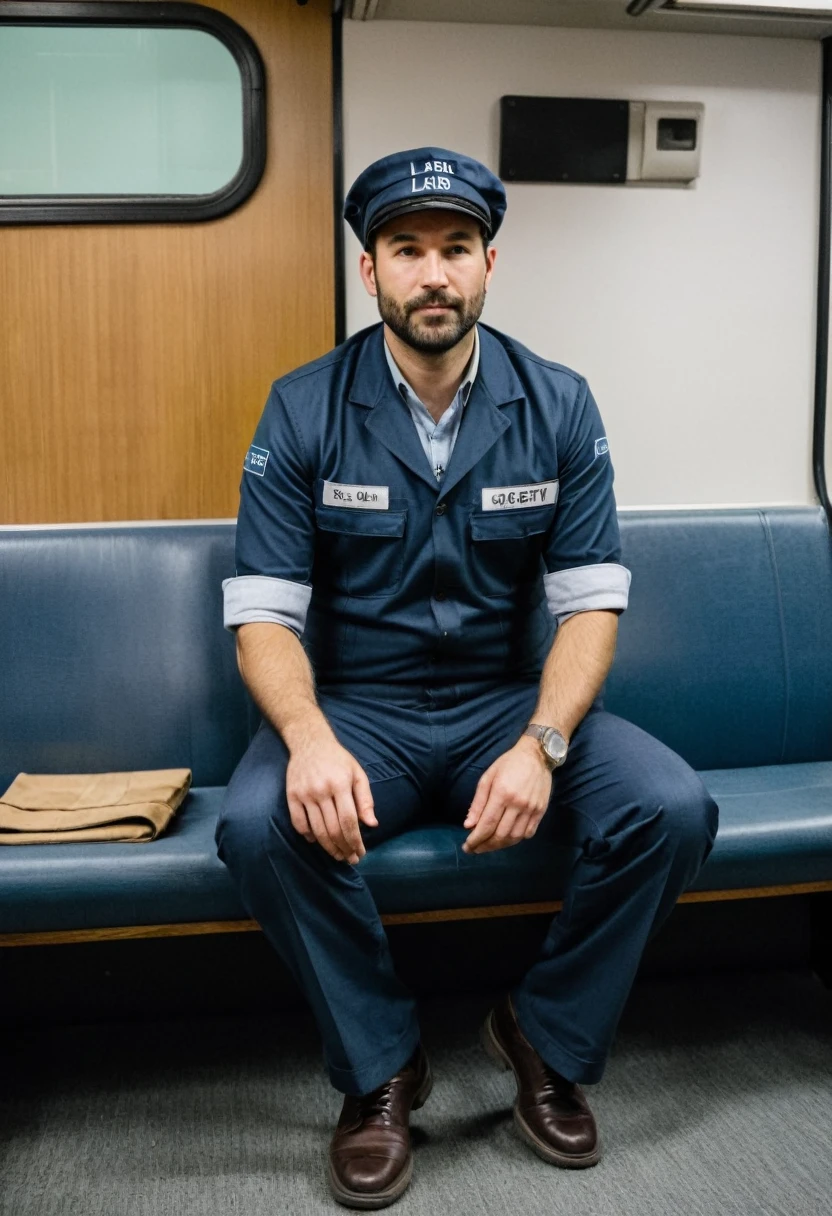 RAW photo, full body, a 35-year-old man, ((dressed as a lab Bus Driver)), is sitting on a guest sofa, looking towards the audience, wearing shoes, with both hands forward on his knees, straight forward position, wear trousers, wearing a hat, in front of view angle,