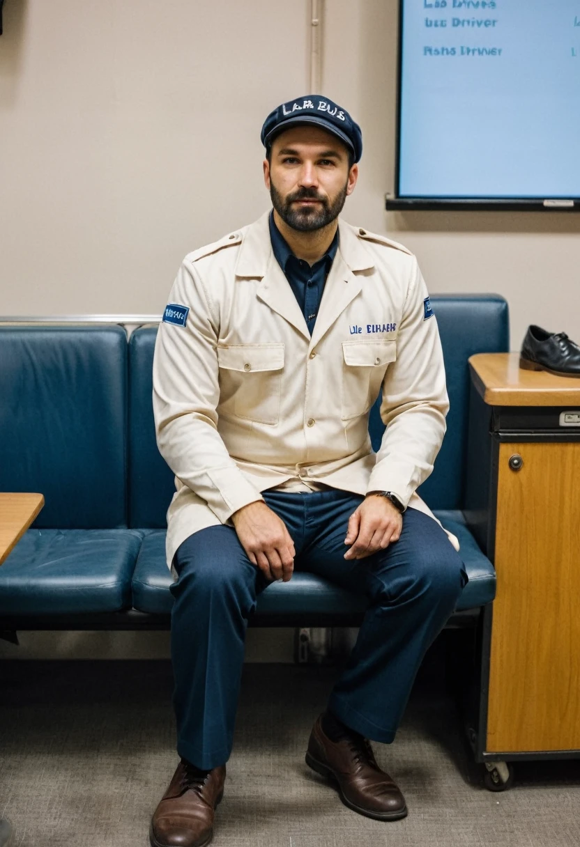 RAW photo, full body, a 35-year-old man, ((dressed as a lab Bus Driver)), is sitting on a guest sofa, looking towards the audience, wearing shoes, with both hands forward on his knees, straight forward position, wear trousers, wearing a hat, in front of view angle,