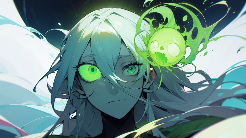 There is a very strange creature with green eyes, Giant spiritual creature, Mystical God, Azathoth, A green, swirling spirit haunted by ghosts, The face of an alien god, Eldritch Being, Eldritch entities, Magnificent depiction of The Sandman, The presence of strange ether, Portrait of a white cyclops floating in the sky, Mysterious still images