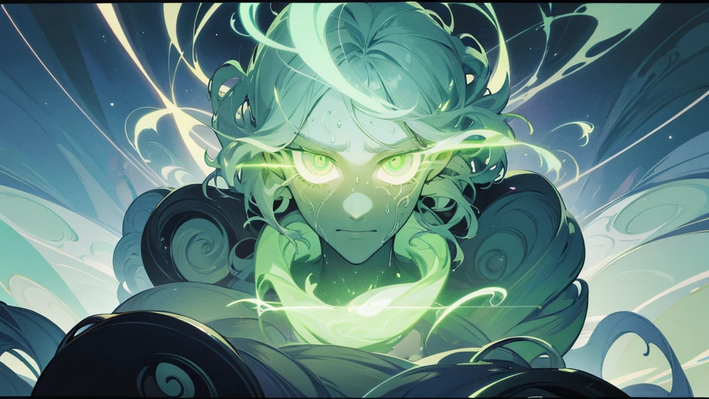 There is a very strange creature with green eyes, Giant spiritual creature, Mystical God, Azathoth, A green, swirling spirit haunted by ghosts, The face of an alien god, Eldritch Being, Eldritch entities, Magnificent depiction of The Sandman, The presence of strange ether, Portrait of a white cyclops floating in the sky, Mysterious still images