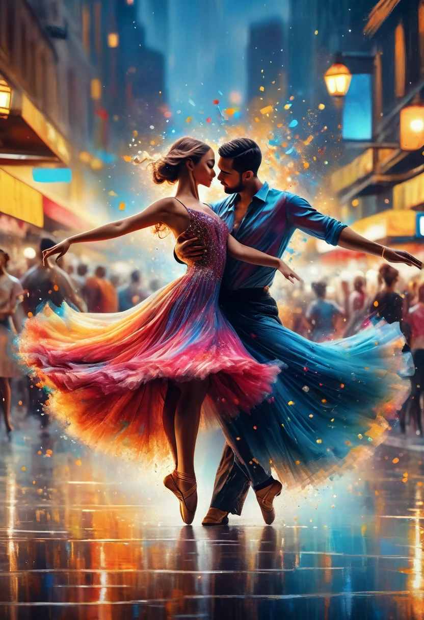 (best quality,4k,8k,highres,masterpiece:1.2),ultra-detailed,(realistic,photorealistic,photo-realistic:1.37),vivid colors,sharp focus,bokeh,studio lighting,physically-based rendering,extreme detail description,professional,portraits,landscape Couple dancing, colorful spotlights illuminate the scene, casting beautiful reflections. The dancers' graceful movements create mesmerizing patterns as they twirl and leap. Casual clothes. Their bodies emanate energy and joy, captured in every pose and gesture. The costumes they wear enhance the visual appeal, with vibrant colors and intricate details that catch the eye. The surrounding landscape, provides a stunning backdrop for the performance. The atmosphere is filled with excitement and the rhythm of the music, creating an immersive experience for the viewer. The lighting accentuates the dancers' features, highlighting their expressions and creating depth in the image. The overall quality of the artwork is exceptionally high, with attention to every minute detail and a realistic rendering of the human form. This masterpiece captures the essence of both the dance and the sea, combining vivid colors, sharp focus, and bokeh effects to create a visually stunning piece of art.