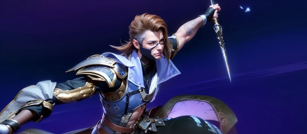 masculine male, masterpiece, ((perfect eyeest quality, (semirealism:1.9), beautiful lighting, (extremely detailed CG unity 4k fhd wallpaper), High Detail, Sharp focus, dramatic outdoors, 1 boy ,19 years old, brown hair, light purpel eyes, (Absurdres, Intricate Details, Masterpiece, Best Quality, High Resolution, 8k), 1 male, thin, young, aged up, masked, finely detailed eyes and face, auburn low-fade hair, amber eyes, portrait, looking at viewer, solo, half shot, detailed background, (light fantasy theme:1.1), focusing, mercenary, sunshine, floating scraps, color plate armor, divine aura, bright realistic lighting, marble castle, intense atmosphere, circlet, coat of arms, brazier, Depth of Field, VFX.