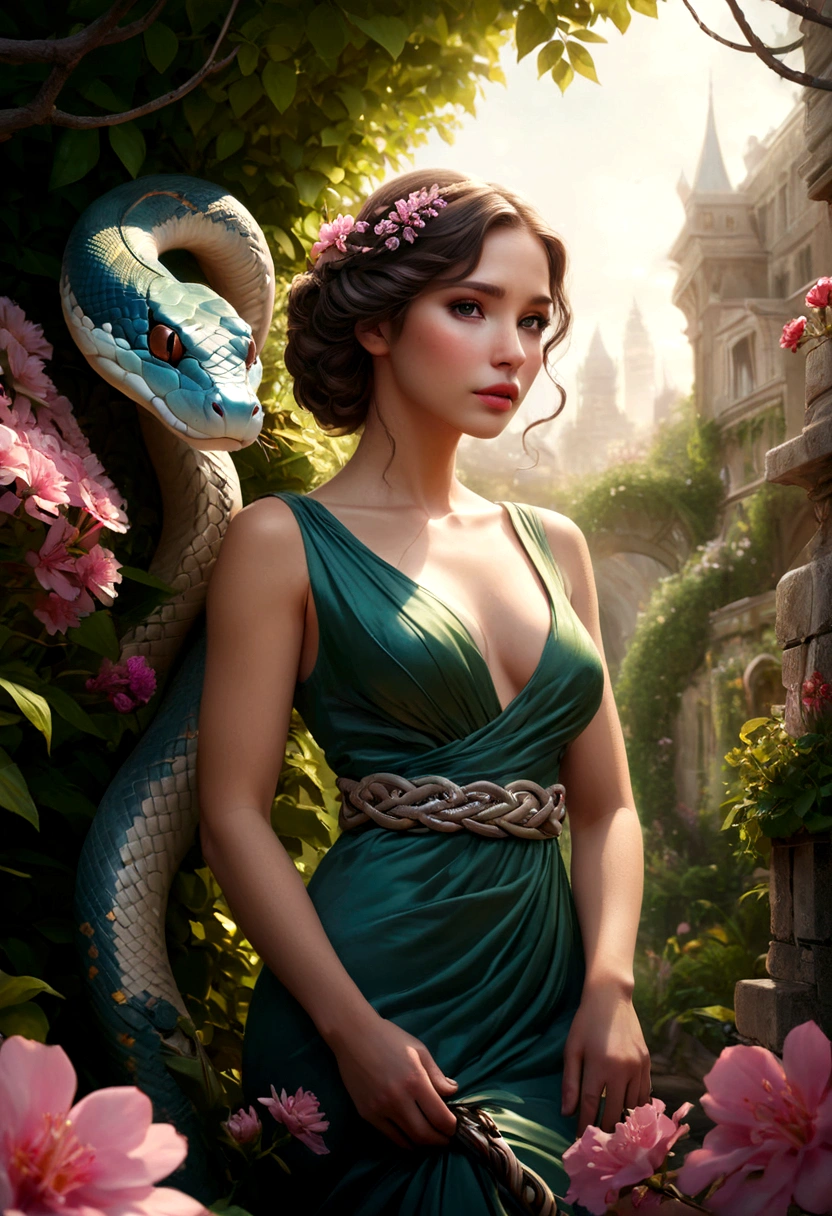 a beautiful girl in a flower garden, snake coiled in the flowers, hyper realistic, cinematic lighting, vibrant colors, 8k, photorealistic, highly detailed, intricate details, masterpiece, 1girl, detailed face, beautiful eyes, detailed lips, extremely detailed facial features, long eyelashes, elegant dress, graceful pose, idyllic garden setting, lush greenery, blooming flowers, serpent entwined amidst blossoms, dramatic chiaroscuro lighting, vivid color palette, cinematic composition, photorealistic rendering