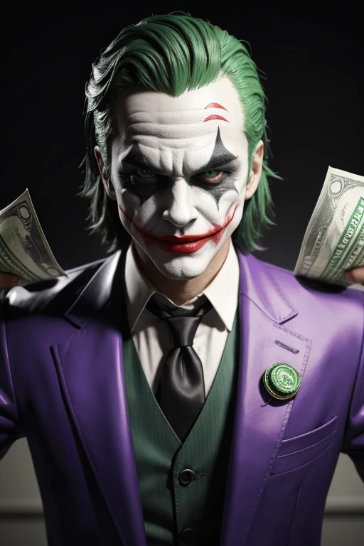 Joker character in 3d, with money around
