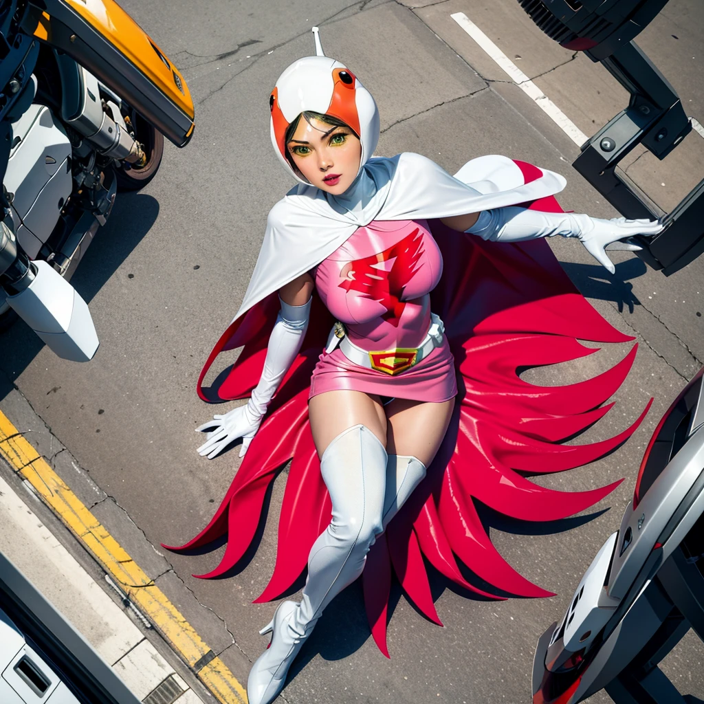 ANI_CLASSIC_jun_gatchaman_ownwaifu,1girl, ,good anatomy, masterpiece, best quality,realistic, hyperrealistic, 16k hdr, long hair,breasts,green eyes,lips,large breasts,lipstick,makeup,gloves,cape,helmet,belt,elbow gloves,white gloves,mask,ultra miniskirt,leotard,spacesuit,white tight overknee highheels boots,pink dress,superhero,bodysuit,cleavage,erected nipples,(sexy pose,view from above),(spread legs:1.1),cameltoe