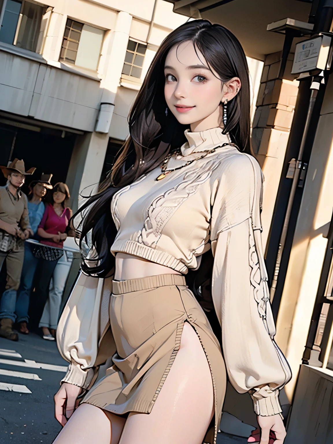 ((((Highest quality))))、(((Ultra-precision CG16K wallpaper)))、(((masterpiece)))、(((Super detailed)))、(((Extreme detail)))、((1Mature 29 year old woman:1.6))、((Very beautiful Japan face of a person))、((Urizane Face:1.8))、((Medium long straight hair:1.hiny Hair)、A delicately drawn beautiful face、Dark Eyes、double eyelid、High nose、Small nostrils、Small Mouth、Seductive lips、Beautiful breastup size breasts))、Beafeet、Thin thighs、eight-headed body、Perfect proportions、Perfect Anatomy、Perfect composition、Beautiful detailed shading、Beautiful, natural lighting、Beautiful detail glow、Depth of written boundary、(((High chroma)))、(((Real:1.9)))、((vivid:1.5))、((Beautiful Skin))、((Skin Texture))、((Realな皮膚感))、(((Cowboy Shot:1.6)))、(((front view、shoot from front、front low angle:1.6)))、(((smile:1.5)))g at viewer:1.6))、Bright daylight、Natural light、(((bustling street、Scramble crossing:1.5)))、(Fashion model standing pose:1.6)、(((Black high neck long sleeve summer knit&Beige slit mini skirt:1.6)))、((necklace、Wearing earrings:1.5))、((Lace Stockings Clothed))、