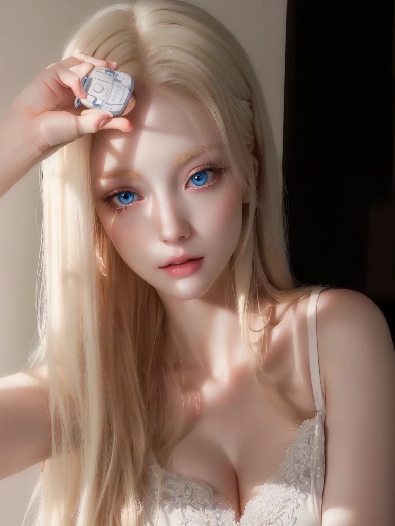 Blonde woman with blue eyes and long hair holding a remote control., pale porcelain white skin, pale milky white porcelain skin, porcelain white skin, milky white skin, soft pale golden skin, pale, shiny skin, soft pale white skin, beautiful pale makeup, pale, snow-white skin, pale ivory skin, pale and light skin!!, shiny porcelain skin, pale round face