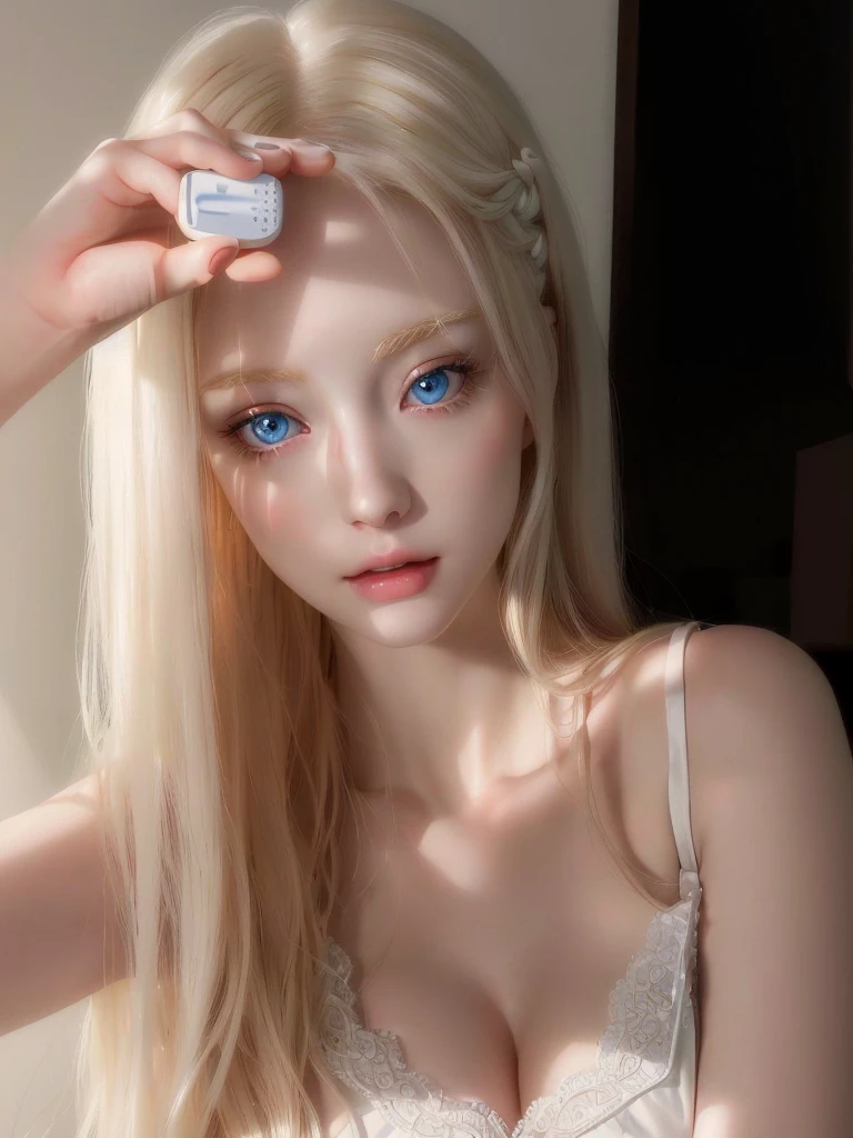 Blonde woman with blue eyes and long hair holding a remote control., pale porcelain white skin, pale milky white porcelain skin, porcelain white skin, milky white skin, soft pale golden skin, pale, shiny skin, soft pale white skin, beautiful pale makeup, pale, snow-white skin, pale ivory skin, pale and light skin!!, shiny porcelain skin, pale round face