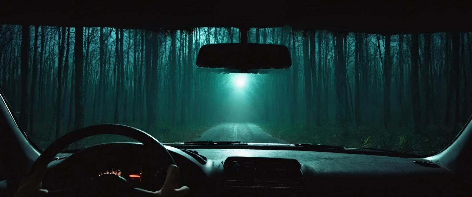 Driving car in dark forest night horror inside view