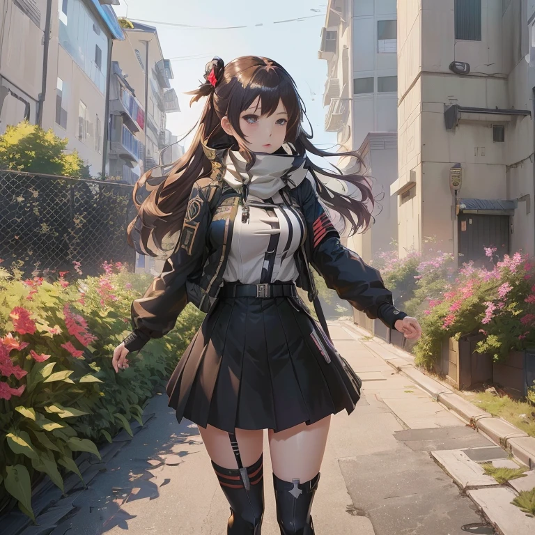 anime girl in a short skirt and boots walking down a street, girls frontline style, girls frontline cg, from girls frontline, anime style 4 k, fine details. girls frontline, artwork in the style of guweiz, best anime 4k konachan wallpaper, girls frontline universe, badass anime 8 k, girls frontline, guweiz