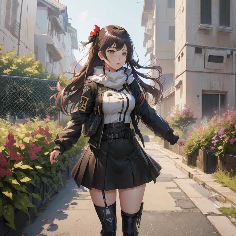 anime girl in a short skirt and boots walking down a street, girls frontline style, girls frontline cg, from girls frontline, anime style 4 k, fine details. girls frontline, artwork in the style of guweiz, best anime 4k konachan wallpaper, girls frontline universe, badass anime 8 k, girls frontline, guweiz