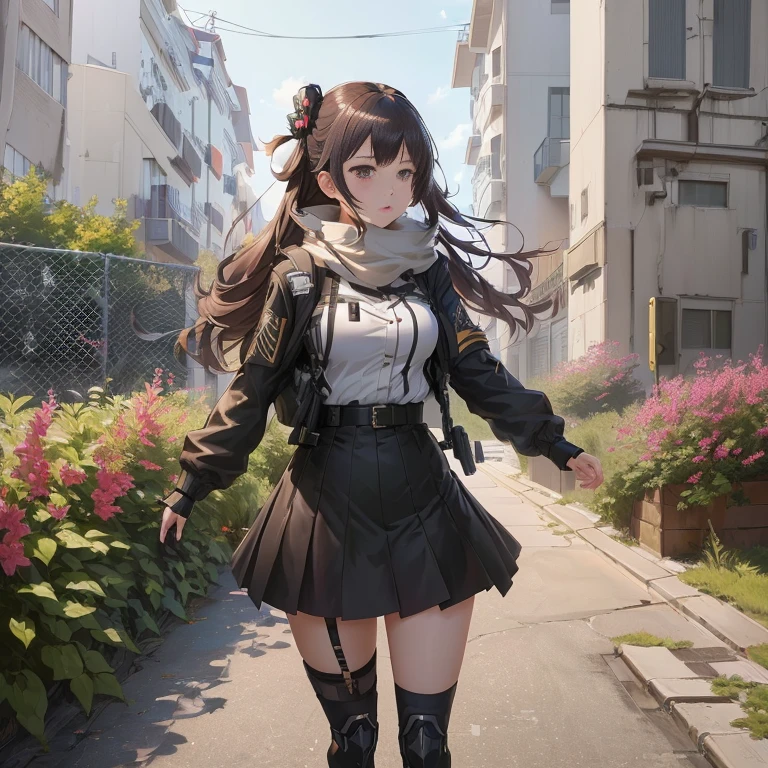anime girl in a short skirt and boots walking down a street, girls frontline style, girls frontline cg, from girls frontline, anime style 4 k, fine details. girls frontline, artwork in the style of guweiz, best anime 4k konachan wallpaper, girls frontline universe, badass anime 8 k, girls frontline, guweiz