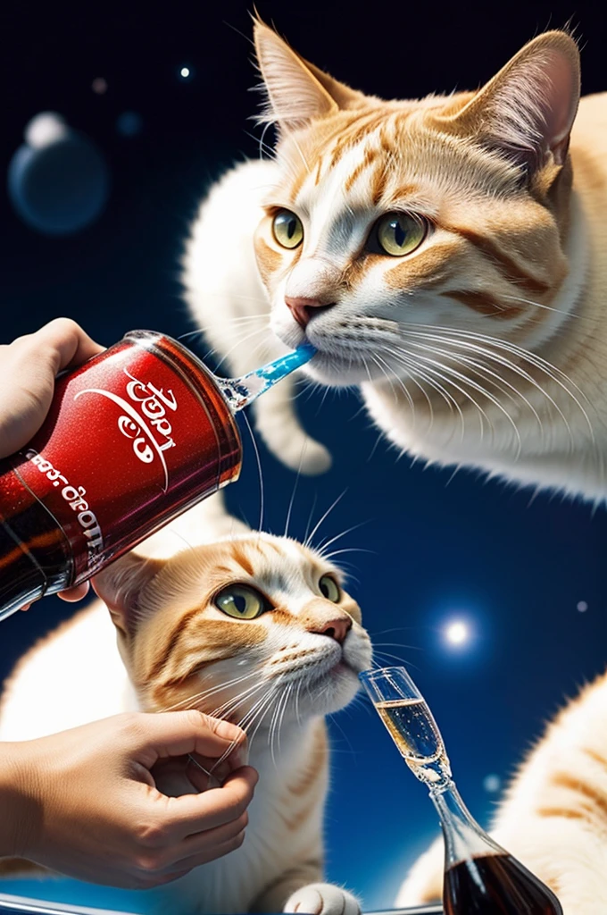 Cat drinking coke, in the space