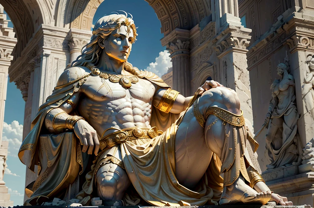 Apollo the God of the Sun, strong statue that demonstrates wisdom, hyper-realistic, super detailed, great legendary epic. He rebuilt and expanded the Temple on the Mount in Rome, making it one of the city's most magnificent and imposing temples.