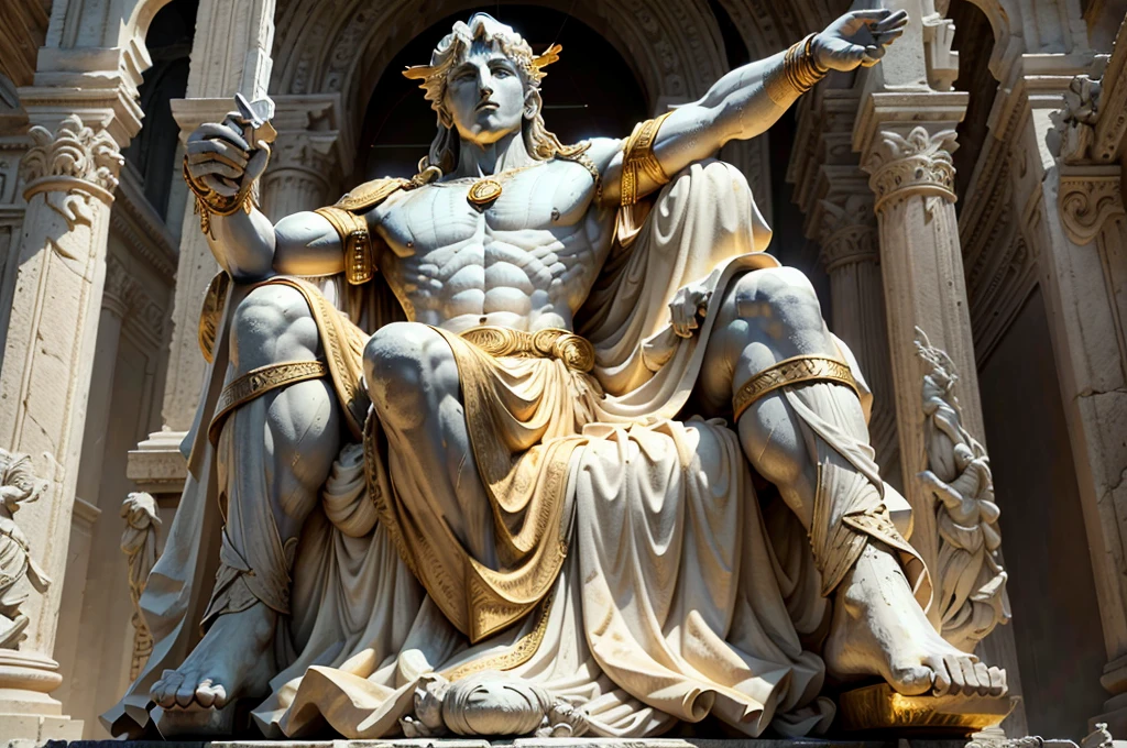 Apollo the God of the Sun, strong statue that demonstrates wisdom, hyper-realistic, super detailed, great legendary epic. He rebuilt and expanded the Temple on the Mount in Rome, making it one of the city's most magnificent and imposing temples.