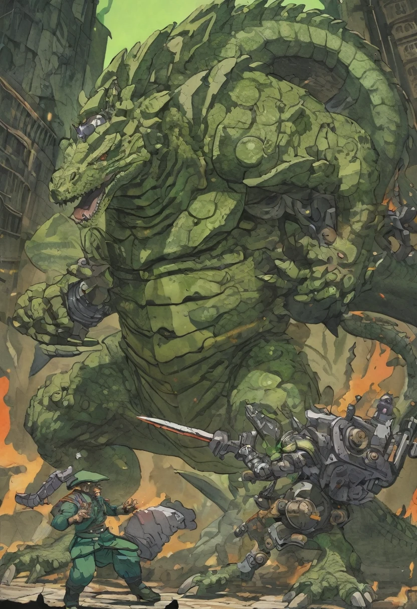 Grey and green scaled old anime lizardfolk dressed like a giant mechanical Kaiju fighting a giant undead golem. Cel shaded. Anime style