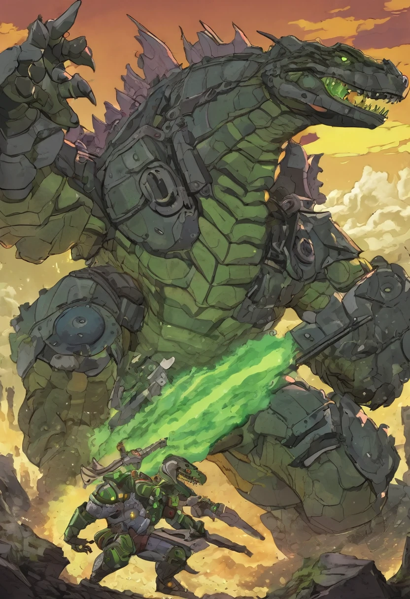 Grey and green scaled old anime lizardfolk dressed like a giant mechanical Kaiju fighting a giant undead golem. Cel shaded. Anime style