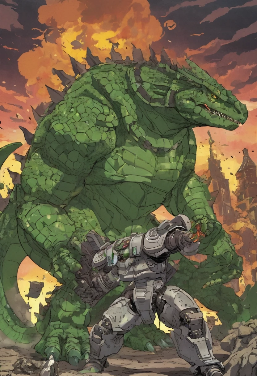Grey and green scaled old anime lizardfolk dressed like a giant mechanical Kaiju fighting a giant undead golem. Cel shaded. Anime style
