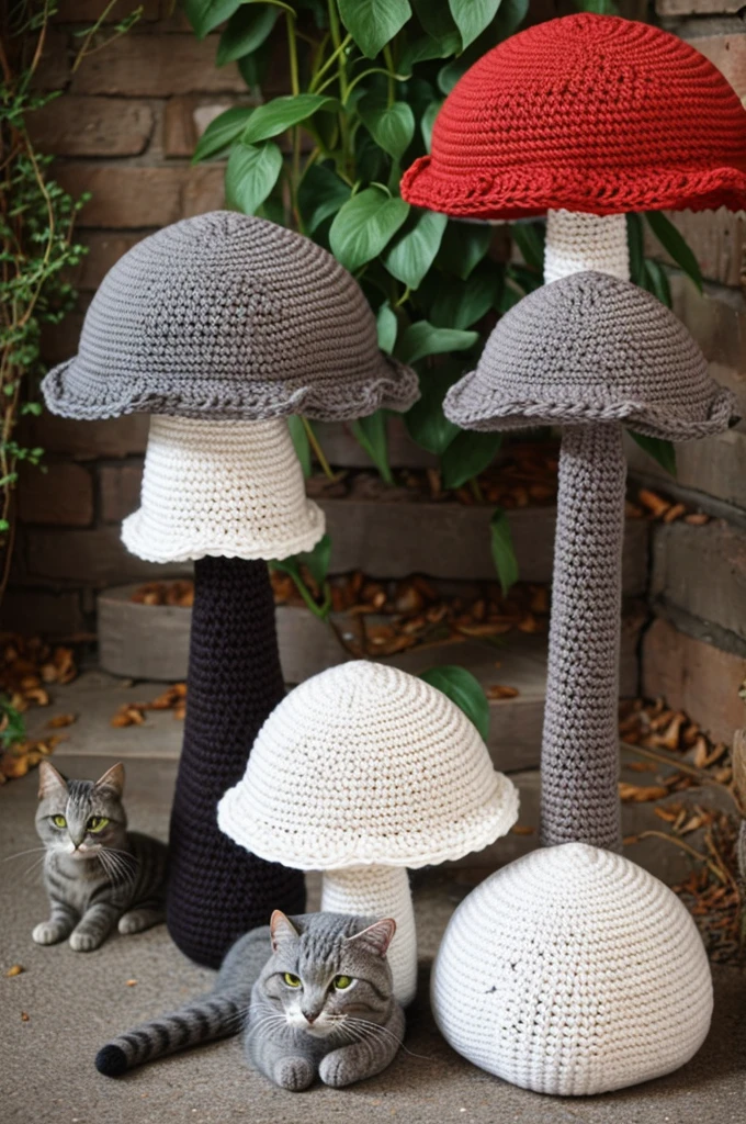 Large crochet mushroom next to a crochet gray cat 