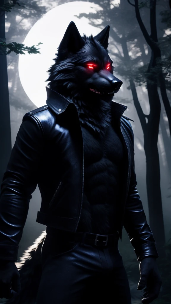 Posing, Male, 30 years old, howling, black leather jacket, anthro, wolf ears, (black fur:1.5), wolf, forest background at night, 8k, hi res, (best quality, masterpiece), red glowing eyes, (wolf tail:1.5), detailed fur