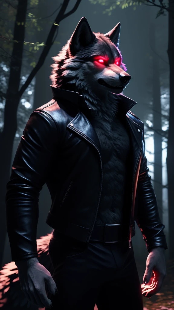 Posing, Male, 30 years old, howling, black leather jacket, anthro, wolf ears, (black fur:1.5), wolf, forest background at night, 8k, hi res, (best quality, masterpiece), red glowing eyes, (wolf tail:1.5), detailed fur