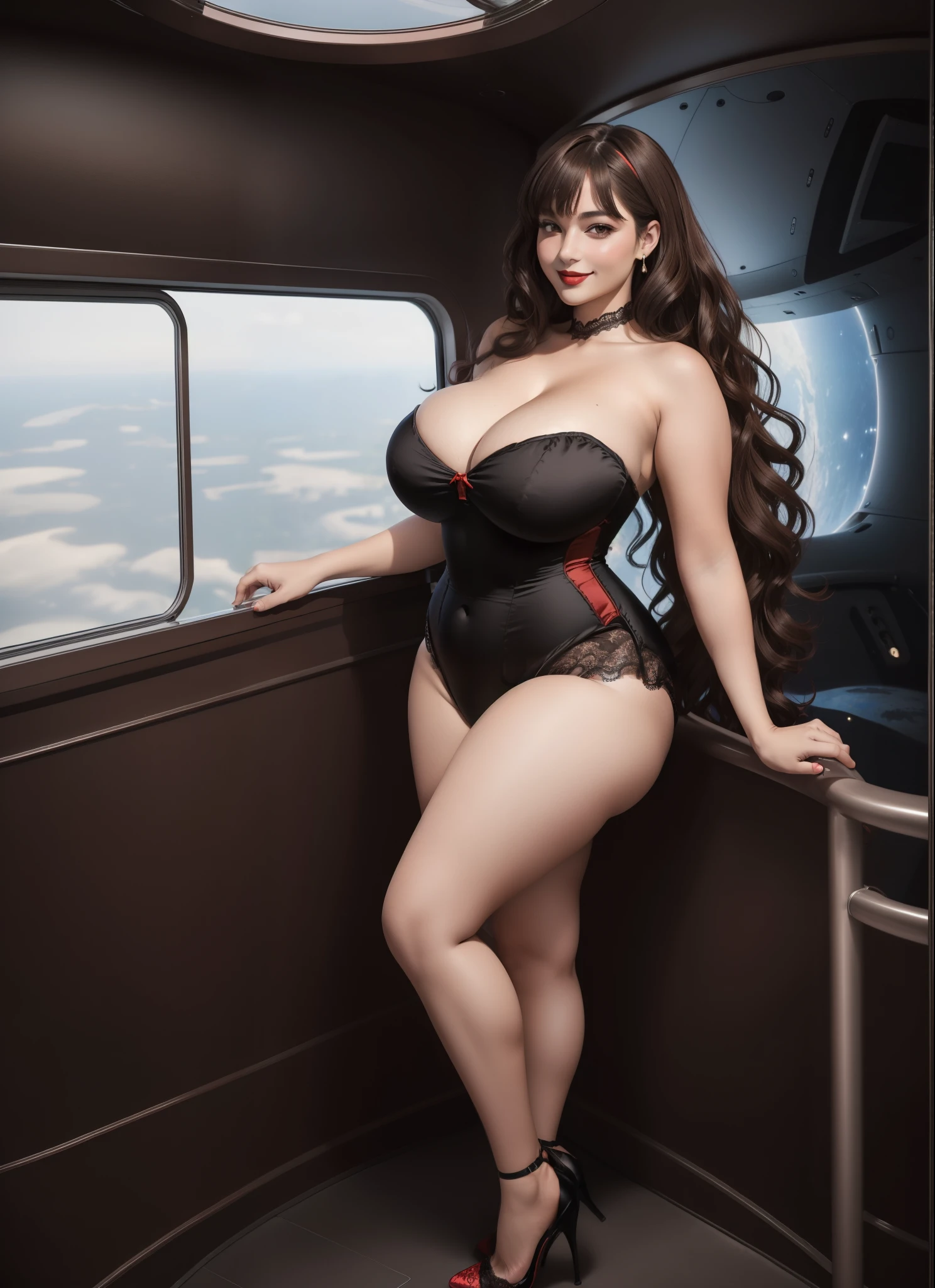 (((1girl))) DisneyAurora, 27 years old, full body view Beautiful woman (((long wavy brown hair, two side up with bangs))) defined body, voluptuous, sexy, Red lipstick, smiling, (((standing facing camera))), ((( strapless, black satin leotard with lace trim and matching heels))), in the observation lounge of an orbiting space station by a large picture window, (large_breasts:1.5) (curvy:1.3)
