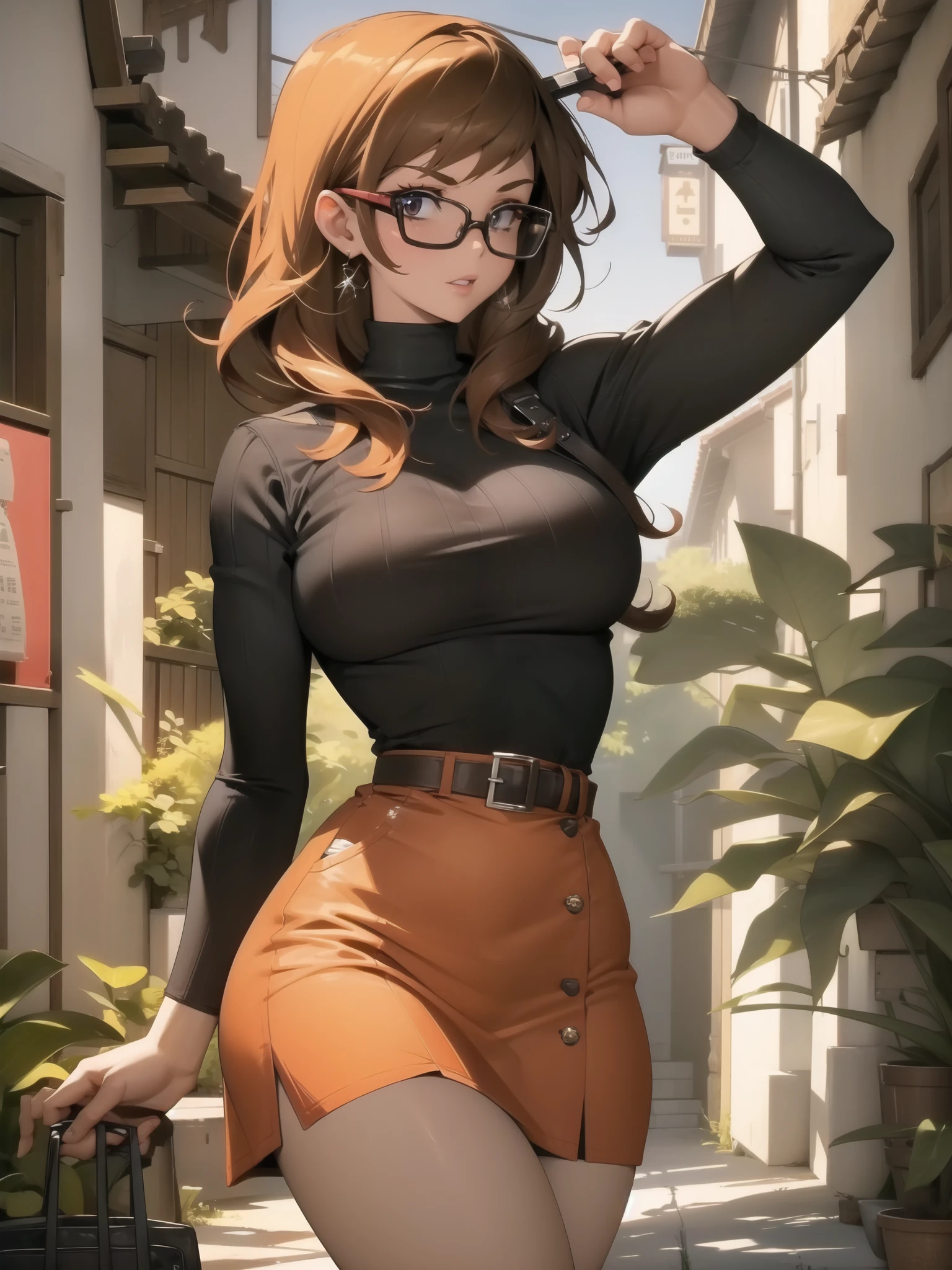 (((waist up))), (((perfect body))), (((voluptuous))), (((hot))), thick thighs, Velma Dace Dinkley teenager (from the Scooby-Doo series), posing for self with a ghost behind her, arm stretched out for freight as if she were holding a cell phone, comedic scene, perfect body, gorgeous and intelligent face, front view, mini skirt, glasses, big breasts, hot, short brown hair, orange turtleneck blouse,  red skirt, waist up