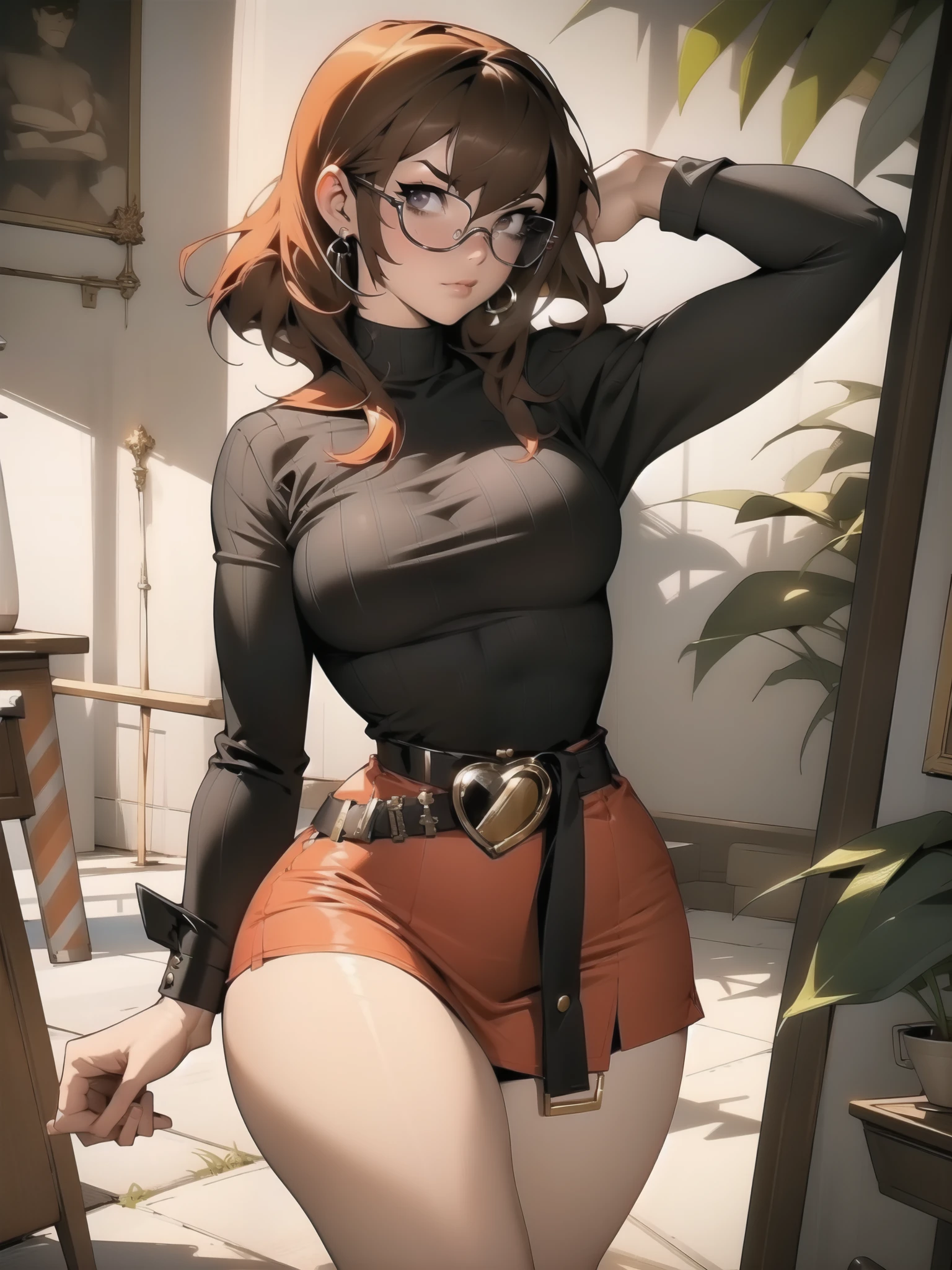 (((waist up))), (((perfect body))), (((voluptuous))), (((hot))), thick thighs, Velma Dace Dinkley ager (from the Scooby-Doo series), posing for self with a ghost behind her, arm stretched out for freight as if she were holding a cell phone, comedic scene, perfect body, gorgeous and intelligent face, front view, mini skirt, glasses, big breasts, hot, short brown hair, orange turtleneck blouse, red skirt, waist up