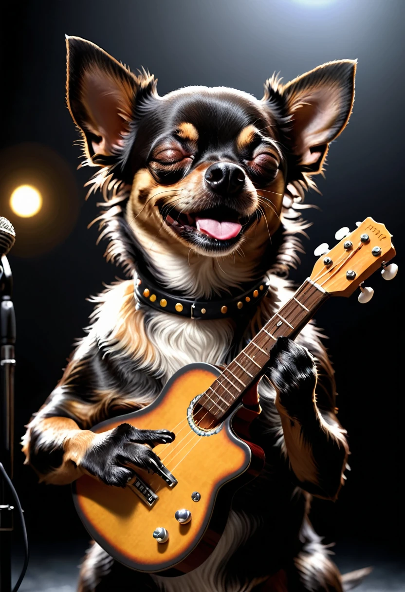 masterpiece, best quality, 4k, UHD, mishoujo, high resolution, Dog playing guitar, dog on scene, dog rocks, realistic dog, happy and fun dog, closed eyes with pleasure of singing, black background, chihuahua, black chihuahua, dog sings song with closed eyes. Colorful background, ambient scene light