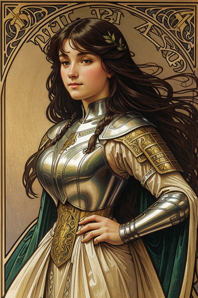 Woman on medieval armor, Alphonse mucha style