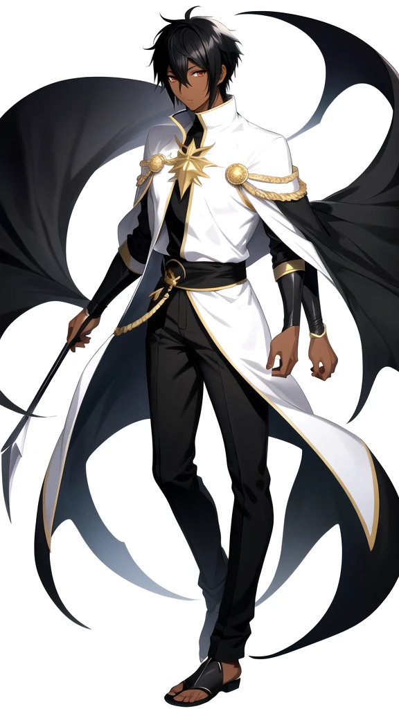 Anime style,Full body,male,dark skin,short black hair with white highlights,wizard,Minimalist background
