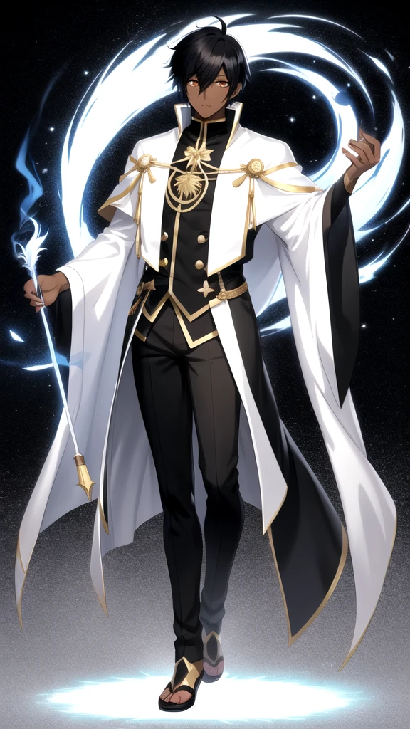 Anime style，Full body，male，dark skin，short black hair with white highlights，wizard，Minimalist background