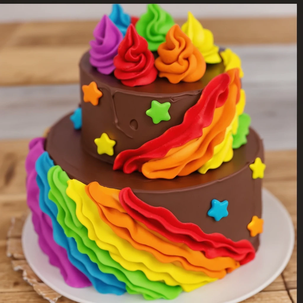 on a wooden table. there is a white plate. two-tier cake, chocolate cream cake, rainbow cream in the form of ruffles, decorated with rainbow stars made of polymer clay, multi-colored cream on top, against the background of the kitchen, Beautiful light from the window, contour light, Multiple light sources, beautiful lighting, Bright light source, bright lighting, beautiful light sources, Multiple light sources, Realistic style , realistic texture, detailed texture, A high resolution, high quality,