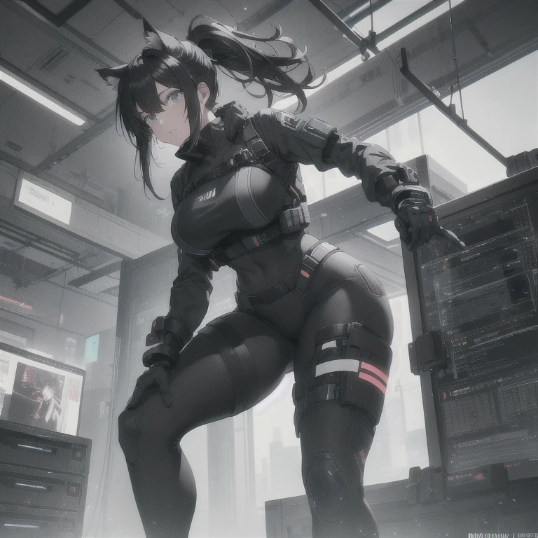 Absurd resolution, high resolution, (masterpiece: 1.4), hyper-detail, full body shot, solo, 1 kemono feline cat woman, standing up, black hair, messy ponytail, cute face, detailed soft grey eyes, huge massive hyper super swollen breasts that cover her whole torso and are far bigger than her head being so big they reach her belly button, extremely large bust, wide full hips, narrower torso, smaller torso, full thicc soft thighs, rounded full soft butt, ruggedized utility styled outfit, monochrome black and grey fullbody covering protective padding pilot rugged utility suit with white chest, scifi padded rugged high collar techwear jacket, white and black triangular decals and techwear iconography on apparel and clothing, techwear gloves, arm mounted strapped display scifi tablet/communication device/computer, rugged tablet display mounted on MOLLE strap on top of her bust, ruggedized computer tablet mounted above her breasts, screen display mounted on top of her chest, ruggedized tech, ruggedized tech aesthetic, fitted utility pants, utility chaps, near future scifi, cyberpunk aesthetic, anime aesthetic