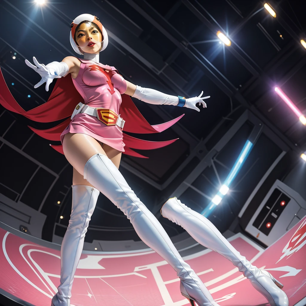 ANI_CLASSIC_jun_gatchaman_ownwaifu,1girl, ,good anatomy, masterpiece, best quality, realistic, hyper realistic, 16k hdr, breasts, large breasts, lipstick, makeup, gloves, cape, helmet, belt, elbow gloves, white gloves, mask, ultra miniskirt, leotard, spacesuit, white tight overknee highheel boots, pink dress, superhero, bodysuit, cleavage, erected nipples,(sexy pose, from below:1.2),(spread legs:1.1),cameltoe