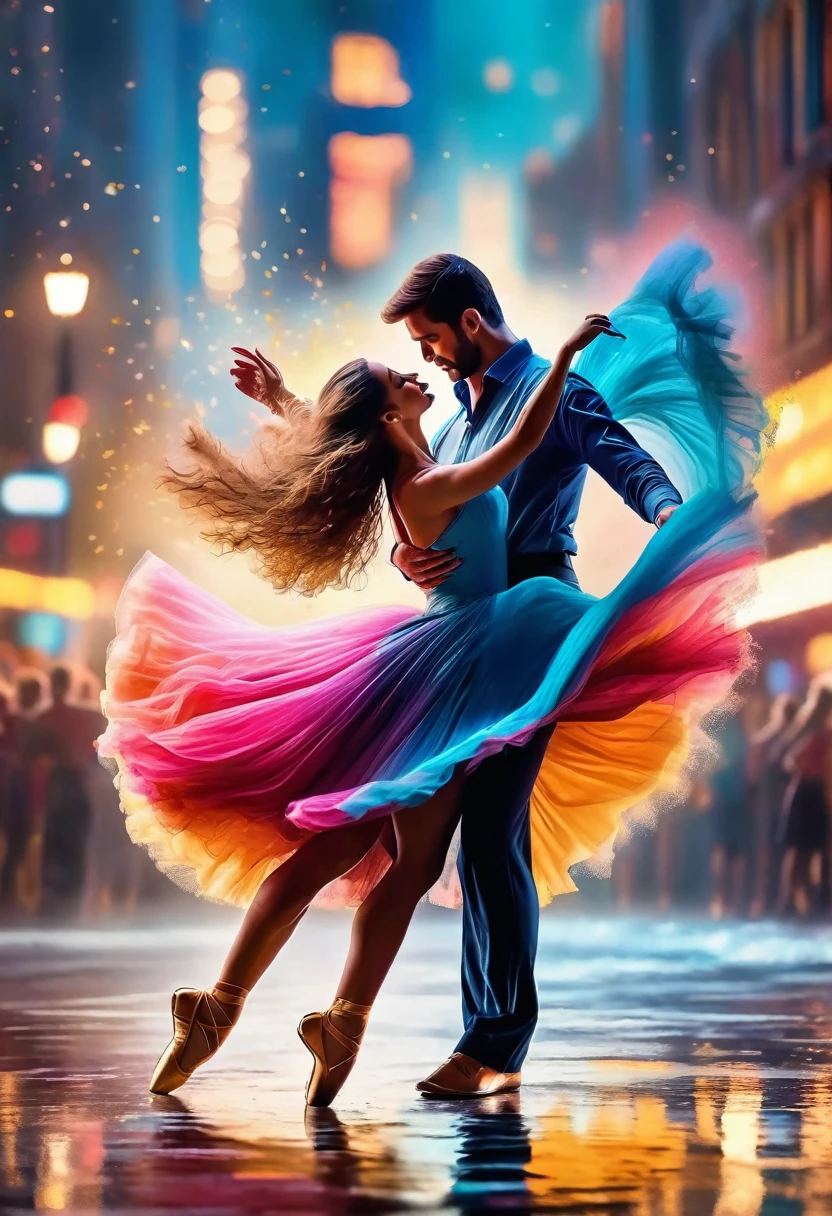 (best quality,4k,8k,highres,masterpiece:1.2),ultra-detailed,(realistic,photorealistic,photo-realistic:1.37),vivid colors,sharp focus,bokeh,studio lighting,physically-based rendering,extreme detail description,professional,portraits,landscape Couple dancing, colorful spotlights illuminate the scene, casting beautiful reflections. The dancers' graceful movements create mesmerizing patterns as they twirl and leap. Casual clothes. Their bodies emanate energy and joy, captured in every pose and gesture. The costumes they wear enhance the visual appeal, with vibrant colors and intricate details that catch the eye. The surrounding landscape, provides a stunning backdrop for the performance. The atmosphere is filled with excitement and the rhythm of the music, creating an immersive experience for the viewer. The lighting accentuates the dancers' features, highlighting their expressions and creating depth in the image. The overall quality of the artwork is exceptionally high, with attention to every minute detail and a realistic rendering of the human form. This masterpiece captures the essence of both the dance and the sea, combining vivid colors, sharp focus, and bokeh effects to create a visually stunning piece of art.