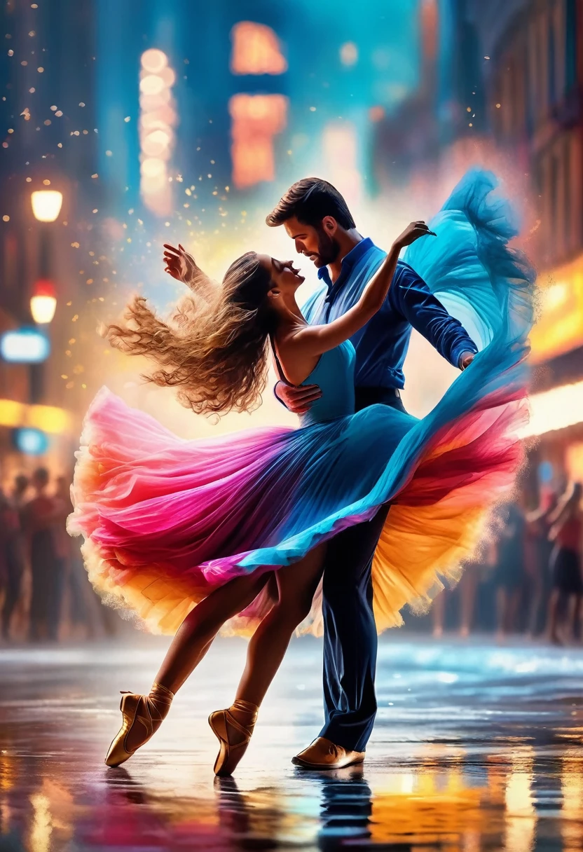 (best quality,4k,8k,highres,masterpiece:1.2),ultra-detailed,(realistic,photorealistic,photo-realistic:1.37),vivid colors,sharp focus,bokeh,studio lighting,physically-based rendering,extreme detail description,professional,portraits,landscape Couple dancing, colorful spotlights illuminate the scene, casting beautiful reflections. The dancers' graceful movements create mesmerizing patterns as they twirl and leap. Casual clothes. Their bodies emanate energy and joy, captured in every pose and gesture. The costumes they wear enhance the visual appeal, with vibrant colors and intricate details that catch the eye. The surrounding landscape, provides a stunning backdrop for the performance. The atmosphere is filled with excitement and the rhythm of the music, creating an immersive experience for the viewer. The lighting accentuates the dancers' features, highlighting their expressions and creating depth in the image. The overall quality of the artwork is exceptionally high, with attention to every minute detail and a realistic rendering of the human form. This masterpiece captures the essence of both the dance and the sea, combining vivid colors, sharp focus, and bokeh effects to create a visually stunning piece of art.