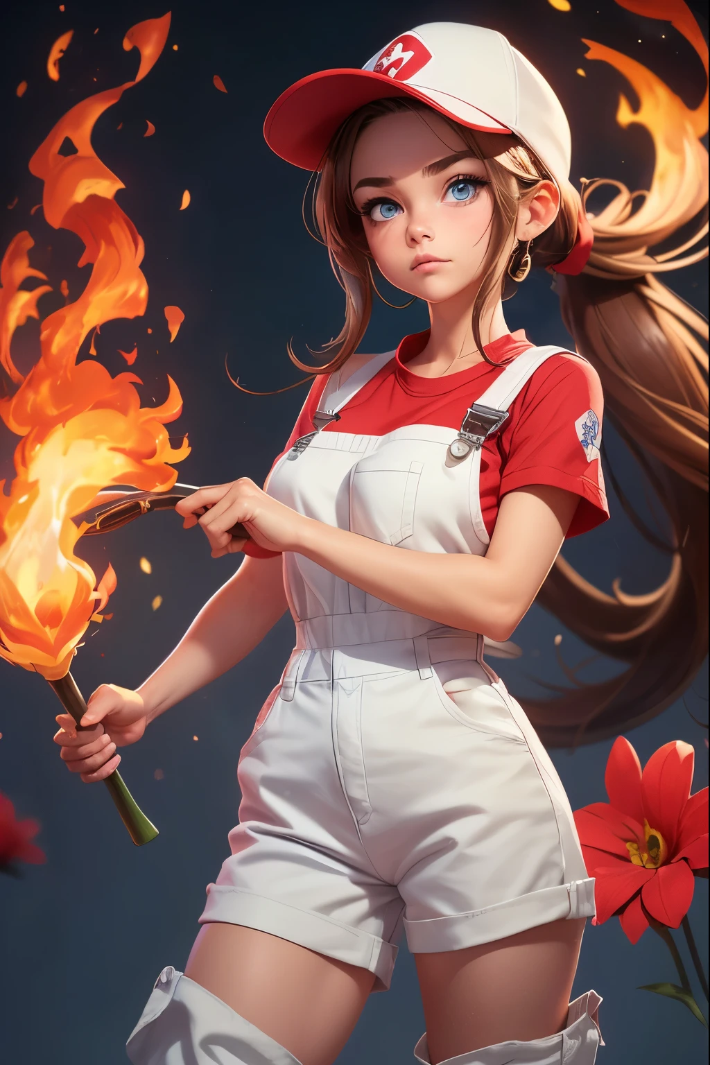 Woman, Brown Hair, long Hair, Blue Eyes, Ponytail, Large Breasts, White overalls, Red Shirt, (Red Plumbers Hat with Letter M on front), Work Boots, ((Holding Single LArge Red Flower in Left Hand)), ((Magic fire in right Hand)), (Angry Expression)