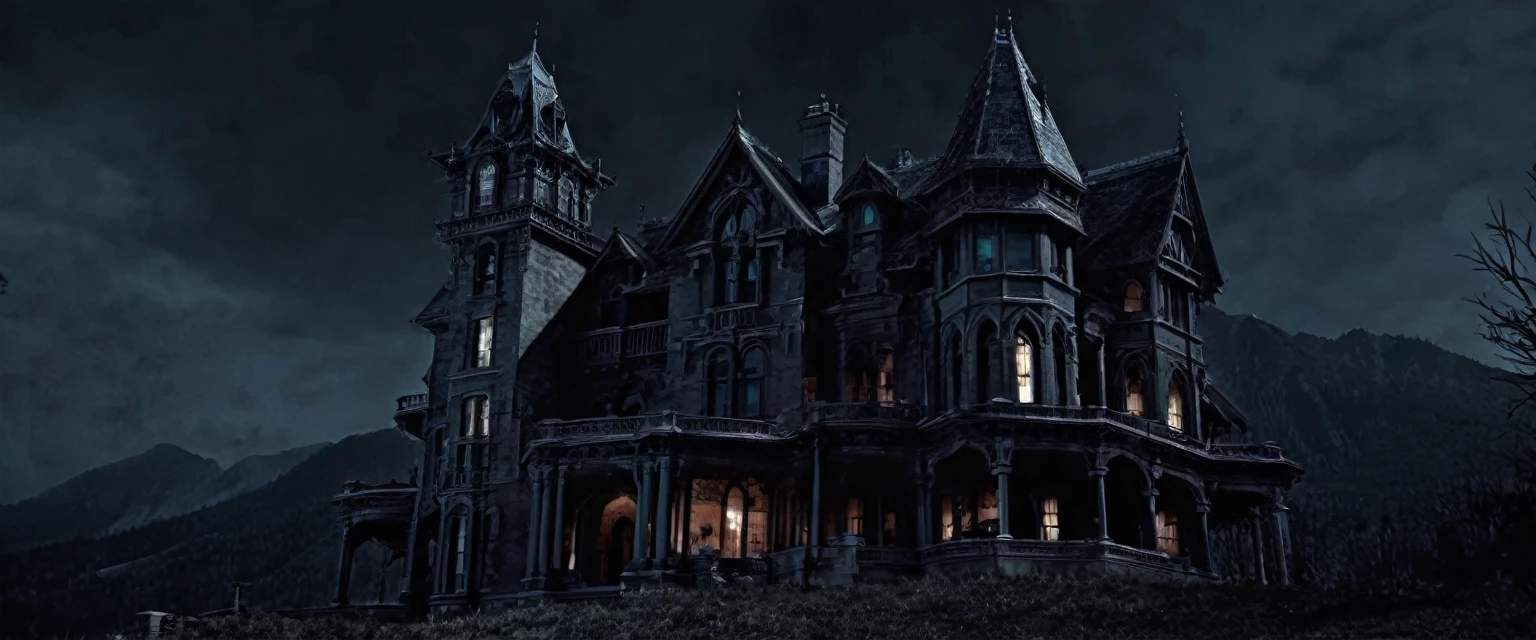 Dark gothic mansion on mountain night horror