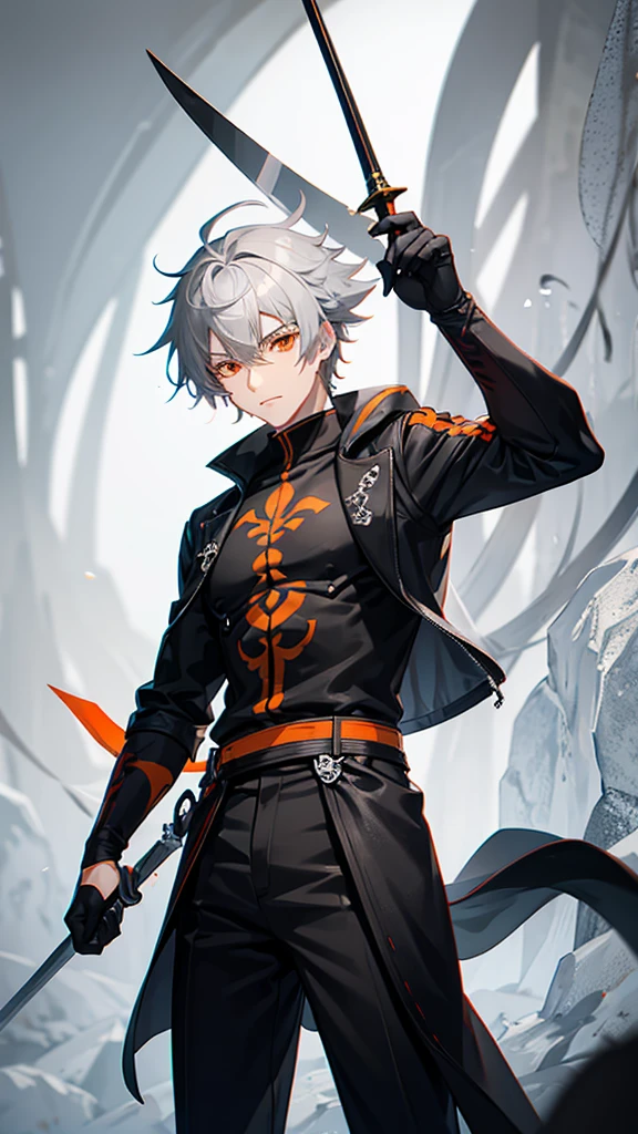 Male character gray hair and orange eyes and black clothes and swords