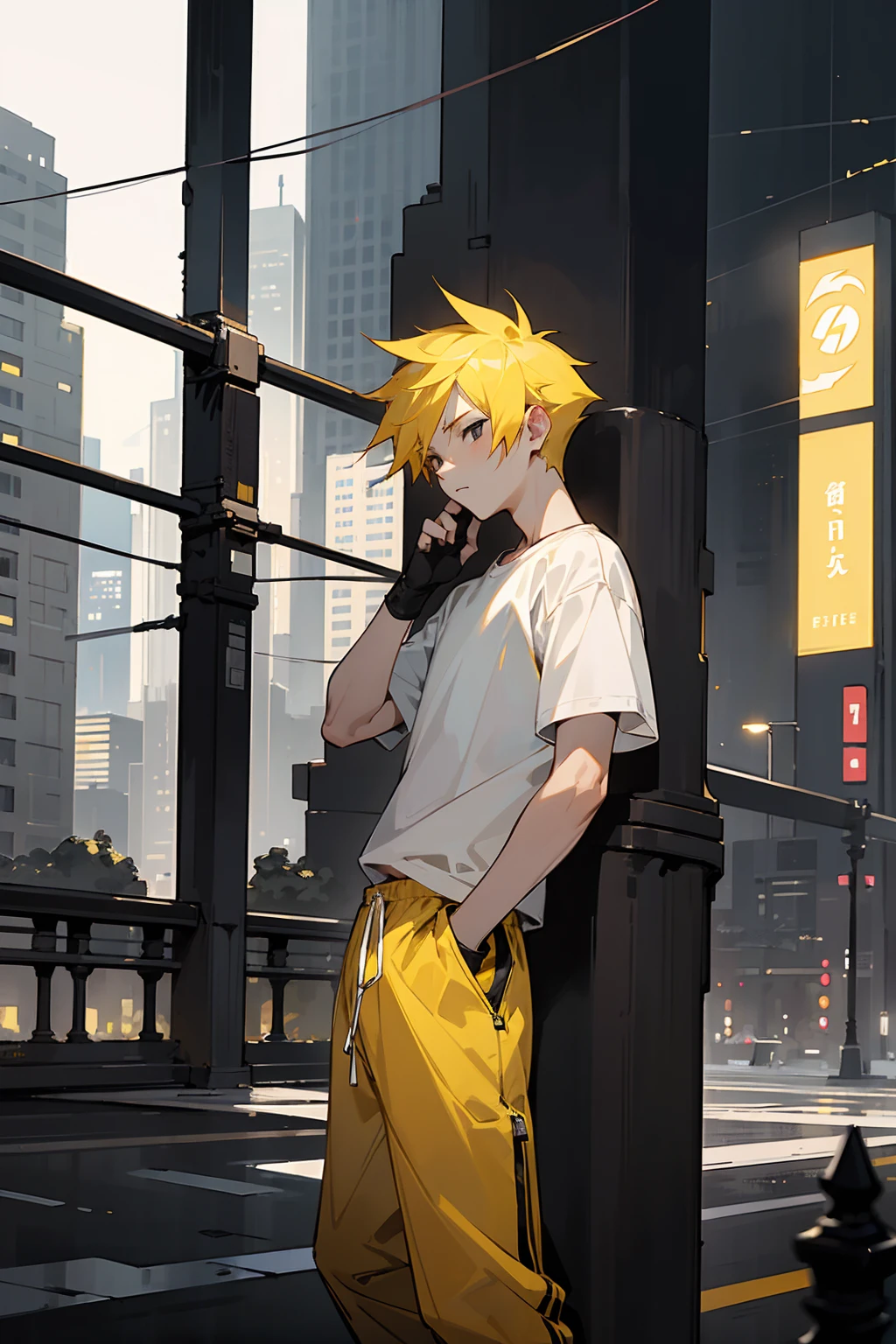 1male, lightning hair, spiked short hair, black eyes, yellow hair, bored expression, open black and white shirt, joggers, city background, lightning background, detailed background, detailed face, standing on path, hand to side