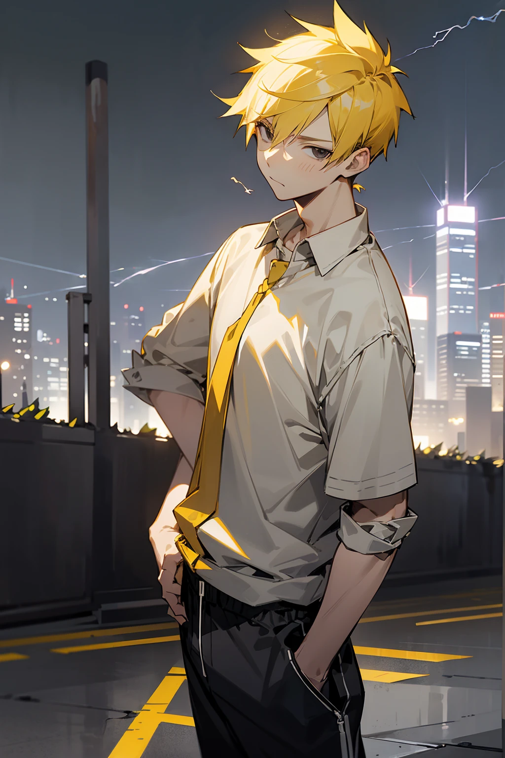 1male, lightning hair, spiked short hair, black eyes, yellow hair, bored expression, open black and white shirt, joggers, city background, lightning background, detailed background, detailed face, standing on path, hand to side