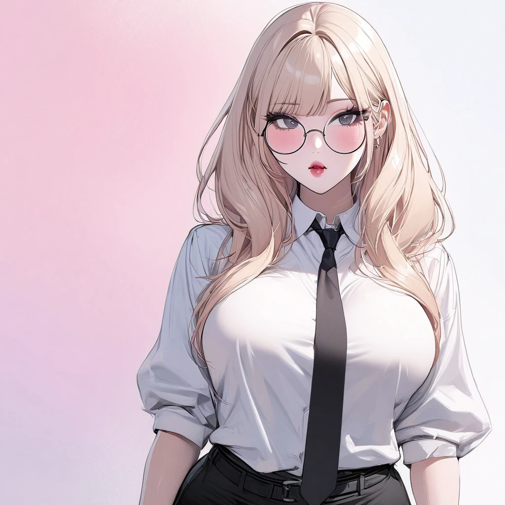 1 girl, solo, light blonde hair, black eyes, white shirt, pastel colors, big breast, lipgloss, big round glasses, korean, straight bangs, pink cheeks, sexy, professional, smart, black tie, elegant, hot