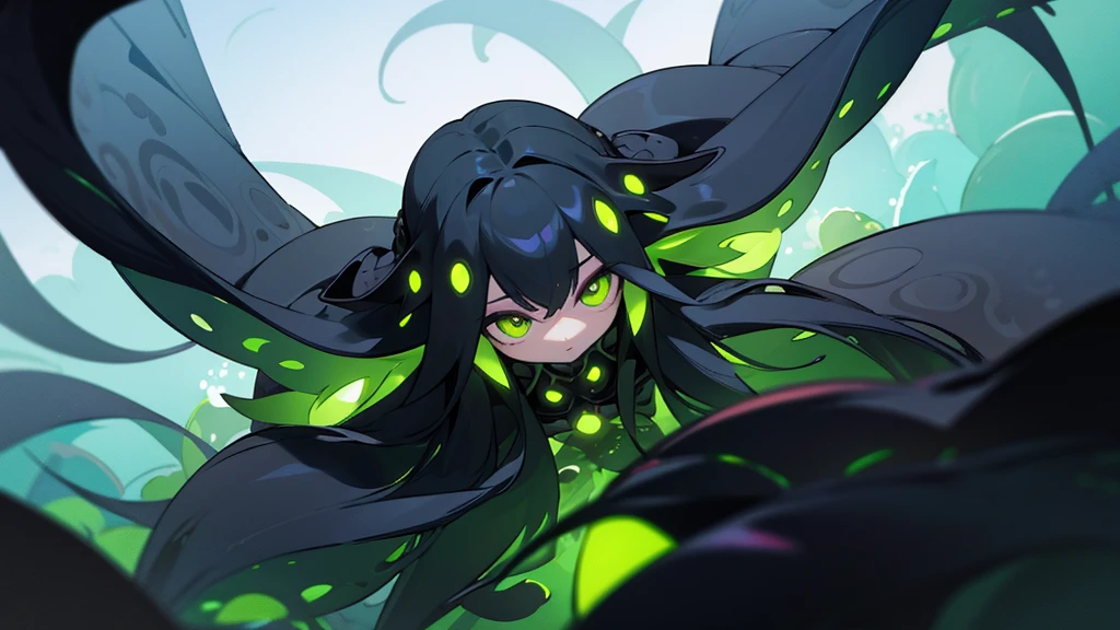 Countless black tentacles growing from a single green eye. Floating in the sky. Night sky. 