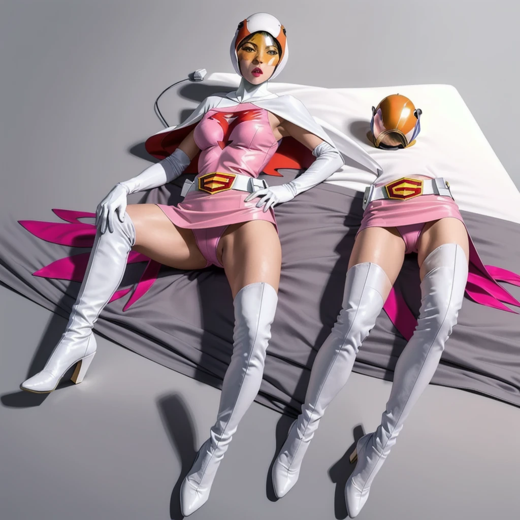 ANI_CLASSIC_jun_gatchaman_ownwaifu,1girl, , good anatomy, masterpiece, best quality, realistic, hyper realistic, 16k hdr,large breasts, lipstick, makeup, gloves, cape, helmet, belt, elbow gloves, white gloves, mask, ultra miniskirt, leotard, spacesuit, white tight overknee highheel boots, pink dress, superhero, bodysuit, cleavage, erected nipples,((lying flat pose, lie on bed, top view),(spread legs:1.1),cameltoe, simple gray background