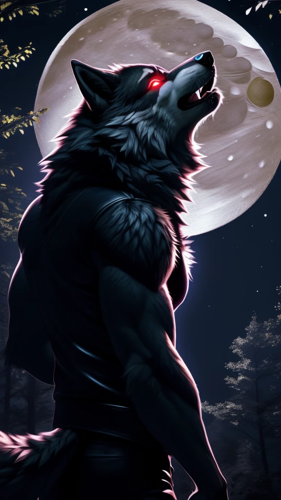 Posing, Male, 30 years old, (howling at the moon:1.8), black leather jacket, anthro, wolf ears, (black fur:1.5), wolf, forest background at night, 8k, hi res, (best quality, masterpiece), red glowing eyes, (wolf tail:1.5), detailed fur