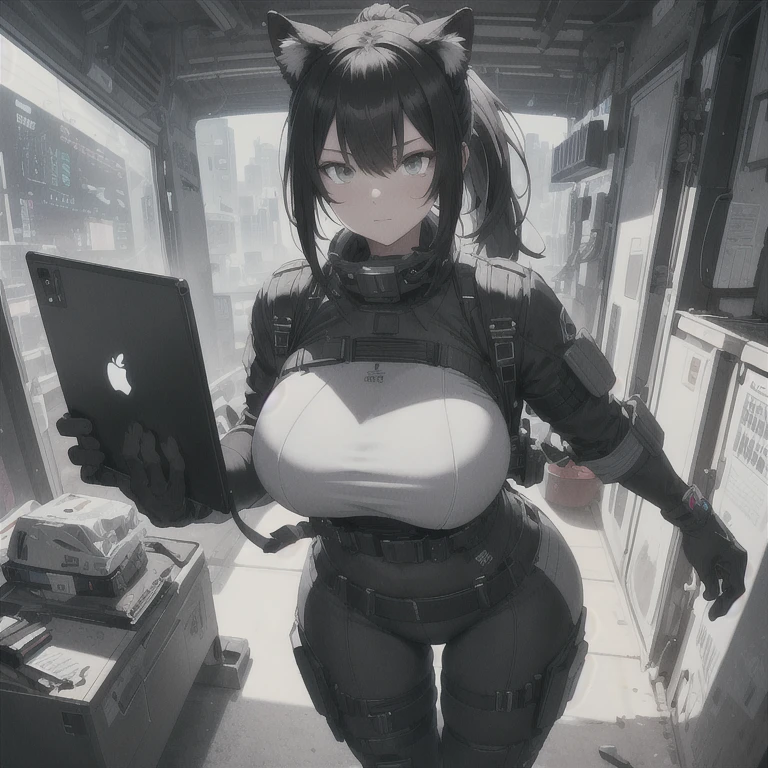 Absurd resolution, high resolution, (masterpiece: 1.4), hyper-detail, full body shot, solo, 1 kemono feline cat woman, standing up, black hair, messy ponytail, cute face, detailed soft grey eyes, huge massive hyper super swollen breasts that cover her whole torso and are far bigger than her head being so big they reach her belly button, extremely huge massive swollen large bust, wide full hips, narrower torso, smaller torso, full thicc soft thighs, rounded full soft butt, ruggedized utility styled outfit, monochrome black and grey fullbody covering protective padding pilot rugged utility suit with white chest, scifi padded rugged high collar techwear jacket, white and black triangular decals and techwear iconography on apparel and clothing, techwear gloves, arm mounted strapped display scifi tablet/communication device/computer, rugged tablet display mounted on MOLLE strap on top of her bust, ruggedized computer tablet mounted above her breasts, screen display mounted on top of her chest, ruggedized tech, ruggedized tech aesthetic, fitted utility pants, utility chaps, near future scifi, cyberpunk aesthetic, anime aesthetic