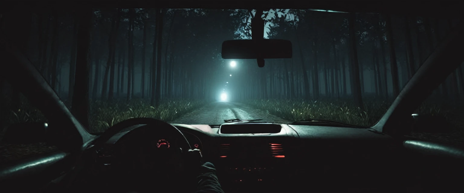 Driving car in dark forest night horror inside view gothic first person view 
