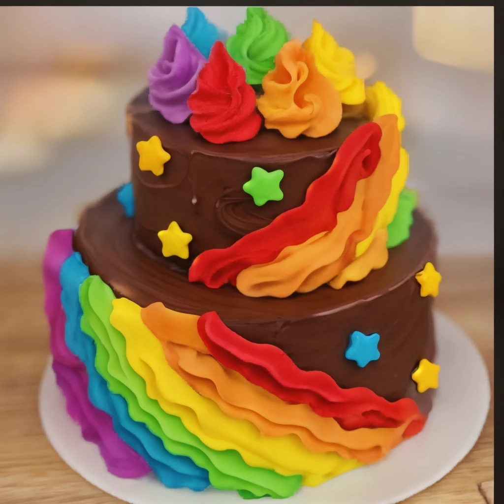 on a wooden table. there is a white plate. two-tier cake, chocolate cream cake, rainbow cream in the form of ruffles, decorated with rainbow stars made of polymer clay, multi-colored cream on top, against the background of the kitchen, Beautiful light from the window, contour light, Multiple light sources, beautiful lighting, Bright light source, bright lighting, beautiful light sources, Multiple light sources, Realistic style , realistic texture, detailed texture, A high resolution, high quality,