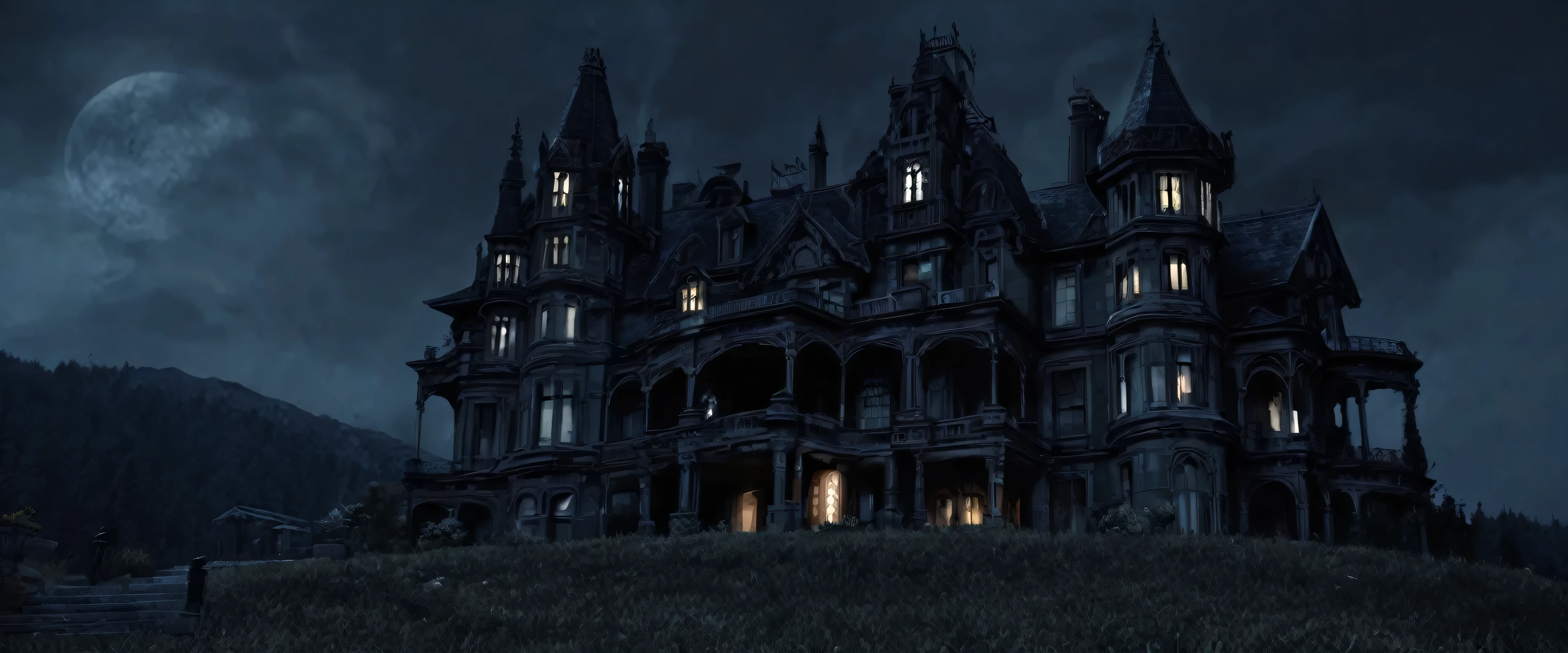 Dark gothic mansion on mountain night horror
